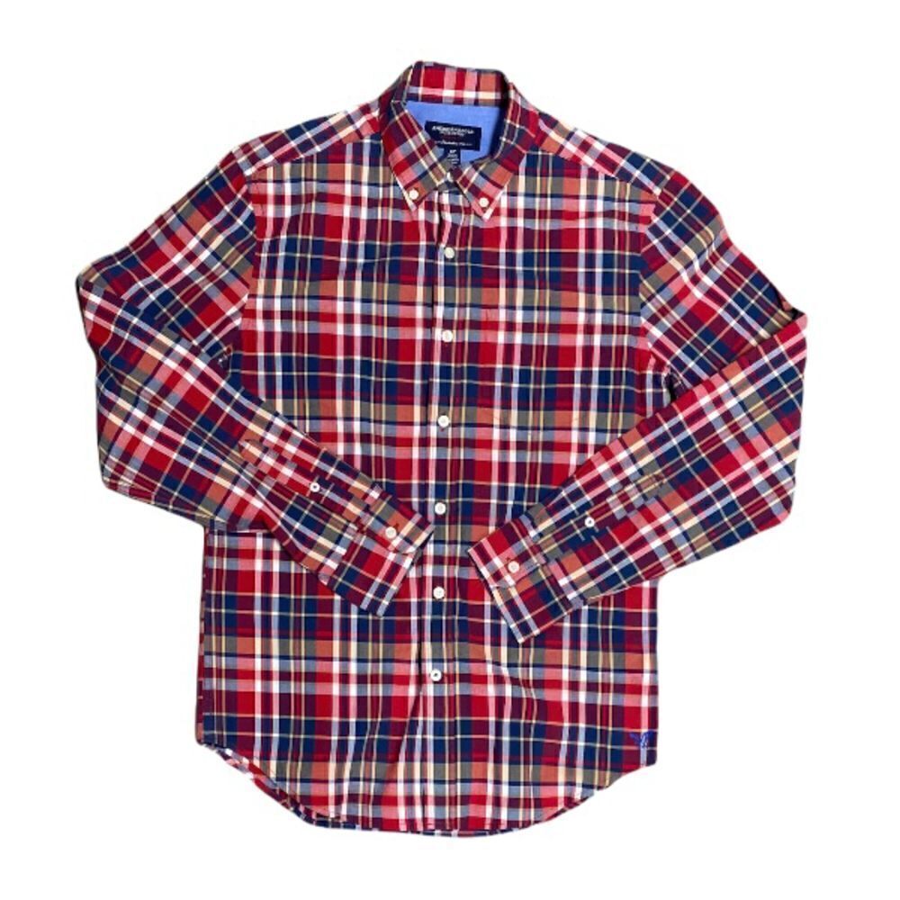 American Eagle Red & Blue Plaid Athletic Fit Long Sleeve Button Down